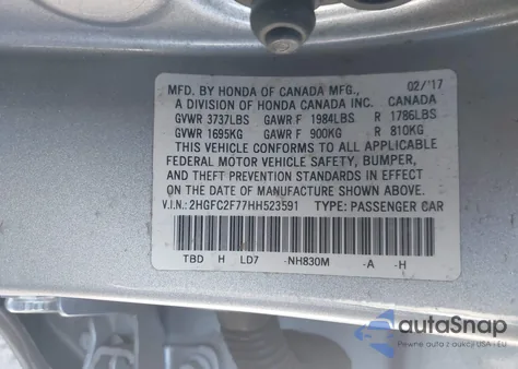 2017 Honda Civic Ex z USA, uszkodzony, nr VIN 2HGFC2F77HH523591